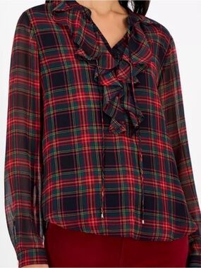 NEW! Tommy Hilfiger Red & Navy Plaid Ruffle Tie-Neck Blouse Large